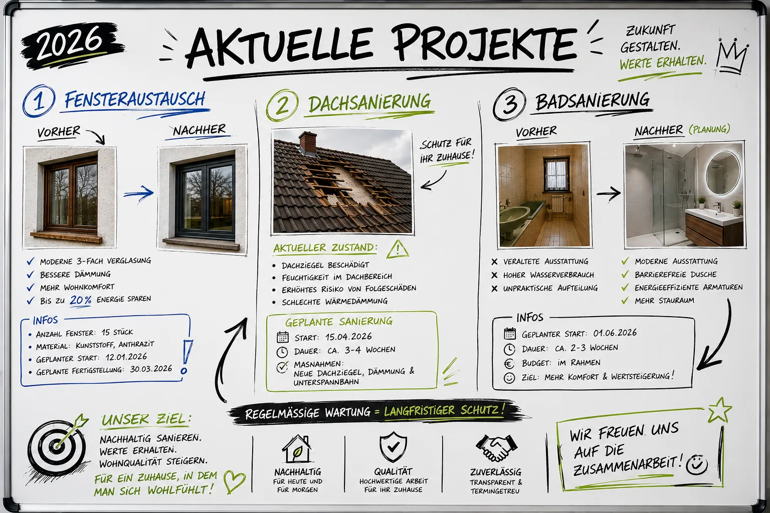 Aktuelle Projekte 2026 — Fensteraustausch, Dachsanierung und Badsanierung im Überblick