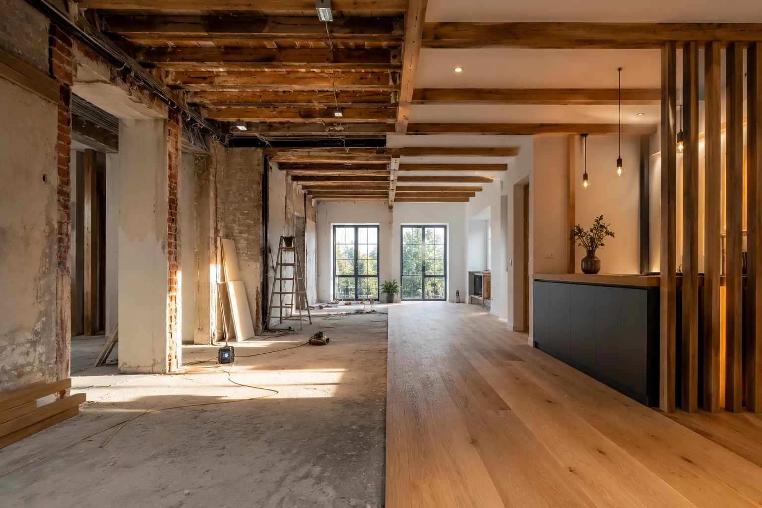 Altbau-Kernsanierung mit freigelegten Holzbalken — moderner Innenausbau im Bestand